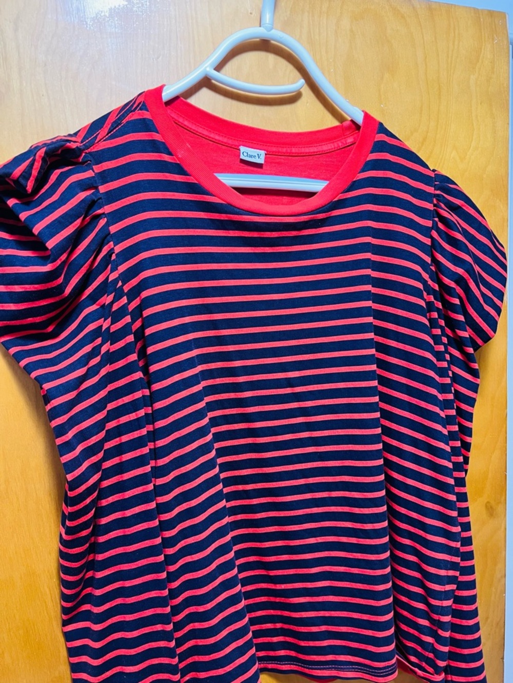 Clare V Red and Navy Puff-Sleeve Striped Long-Sleeve Tee - Picture 5 of 15